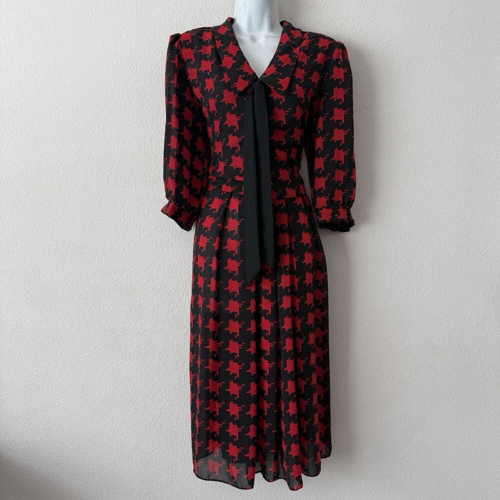 Vintage Breli Originals Dress Red Black Houndstooth Bow Tie Neck 14 USA